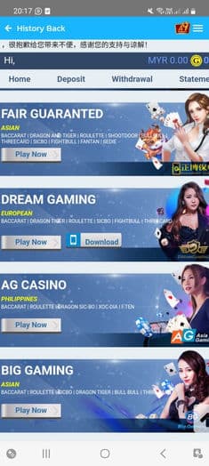 Malaysia A9 Play live casino game selection